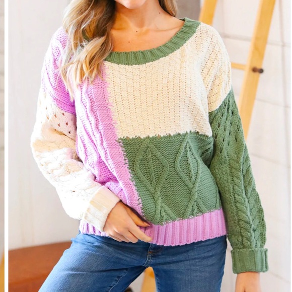 NWT Entro Colorblock Cable knit crewneck Sweater - Picture 1 of 10